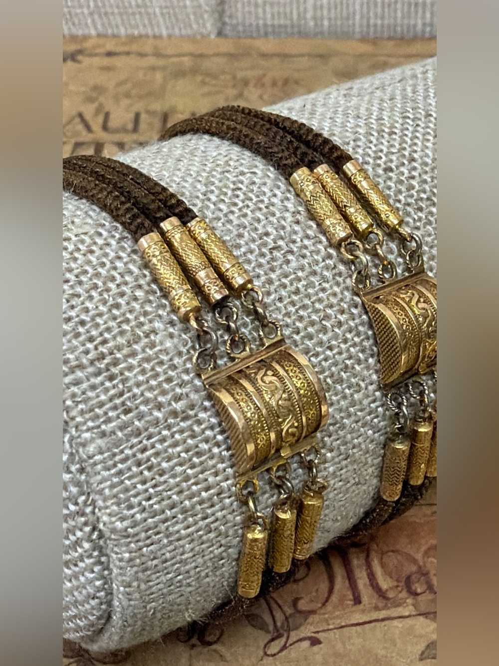Victorian 10K Gold Detailed Matching Set of 2 Mourning Hair Bracelets